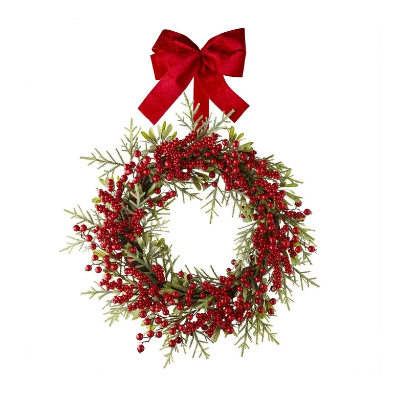 Red Berry and Boxwood Wreath with Red Velvet Bow, 24 in, by Holiday Time - Walmart.com | Walmart (US)