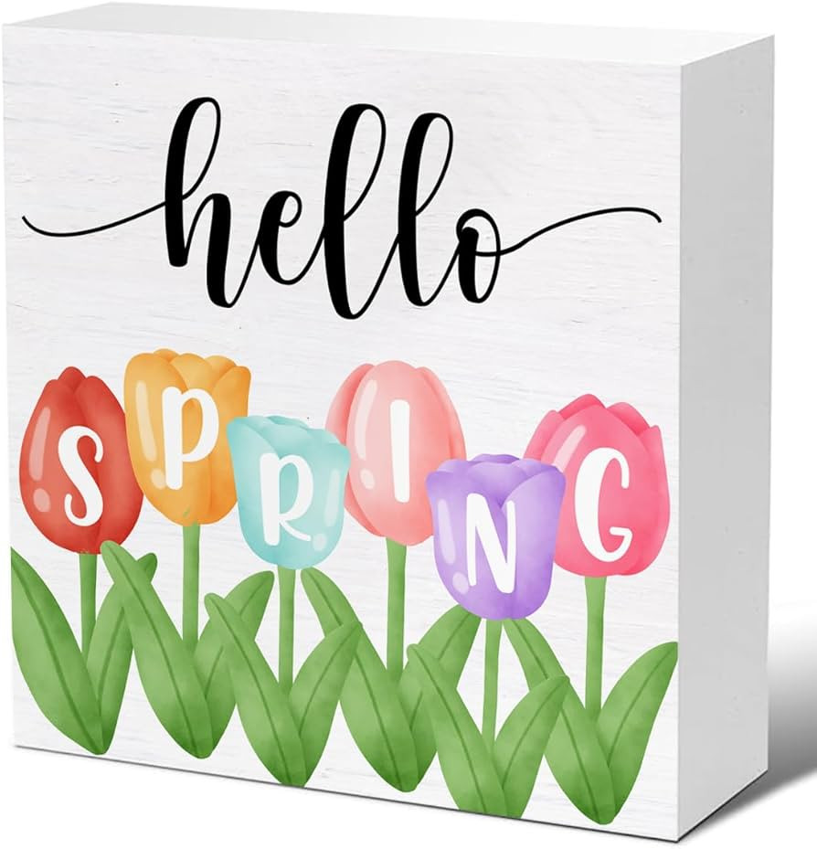 Spring Decor - Hello Spring Decorations - Tulip Wooden Decorative Sign - Home Decor for Desk Tabl... | Amazon (US)