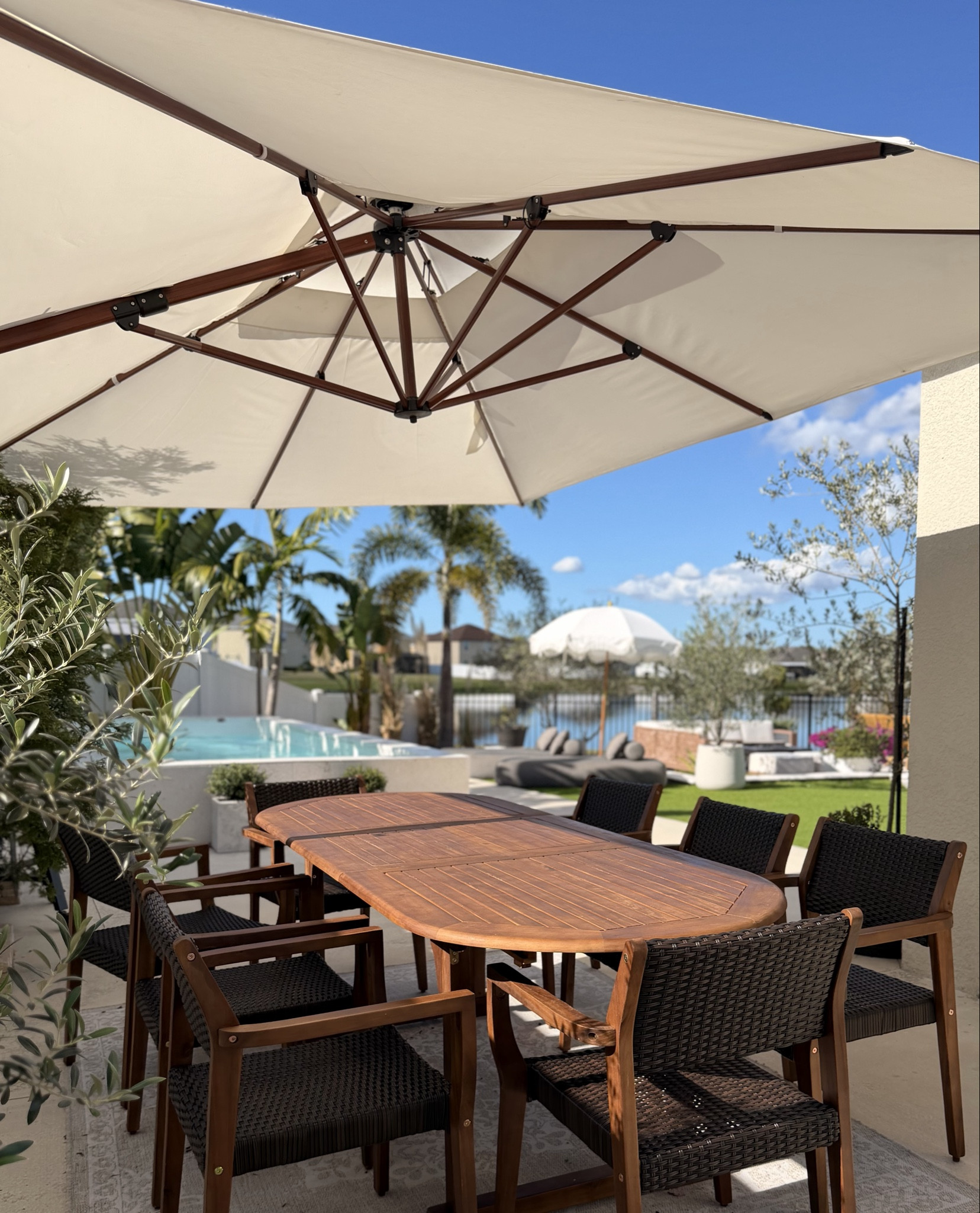 Perfect set up for outdoors to enjoy the weather! Umbrella is great quality and create good shade and the table is gorgeous. 

#LTKHome