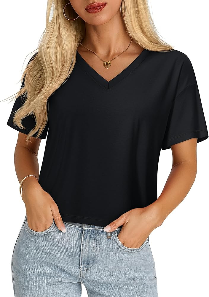 YUCOLEN Cropped T Shirts for Women Short Sleeve V Neck Cotton Basic Tees Soft Loose Fit UPF 50+ C... | Amazon (US)