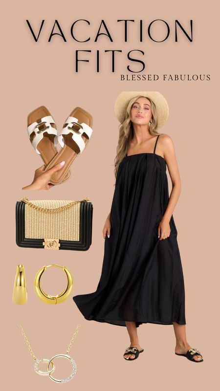 VACATION OUTFIT - Black flowy linen sun maxi dress, gold chunky hoops, necklace, rattan crossbody bag tote purse, gold jewelry, gold buckle accessory sandal 


#LTKshoecrush #LTKtravel #LTKfindsunder50