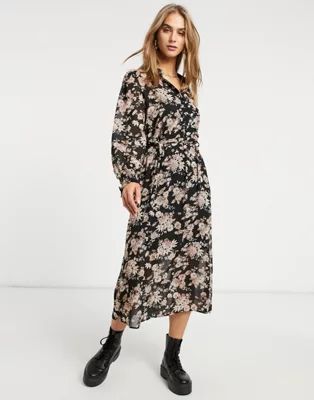 Vila maxi shirt dress with balloon sleeves and tie waist in dark floral | ASOS (Global)