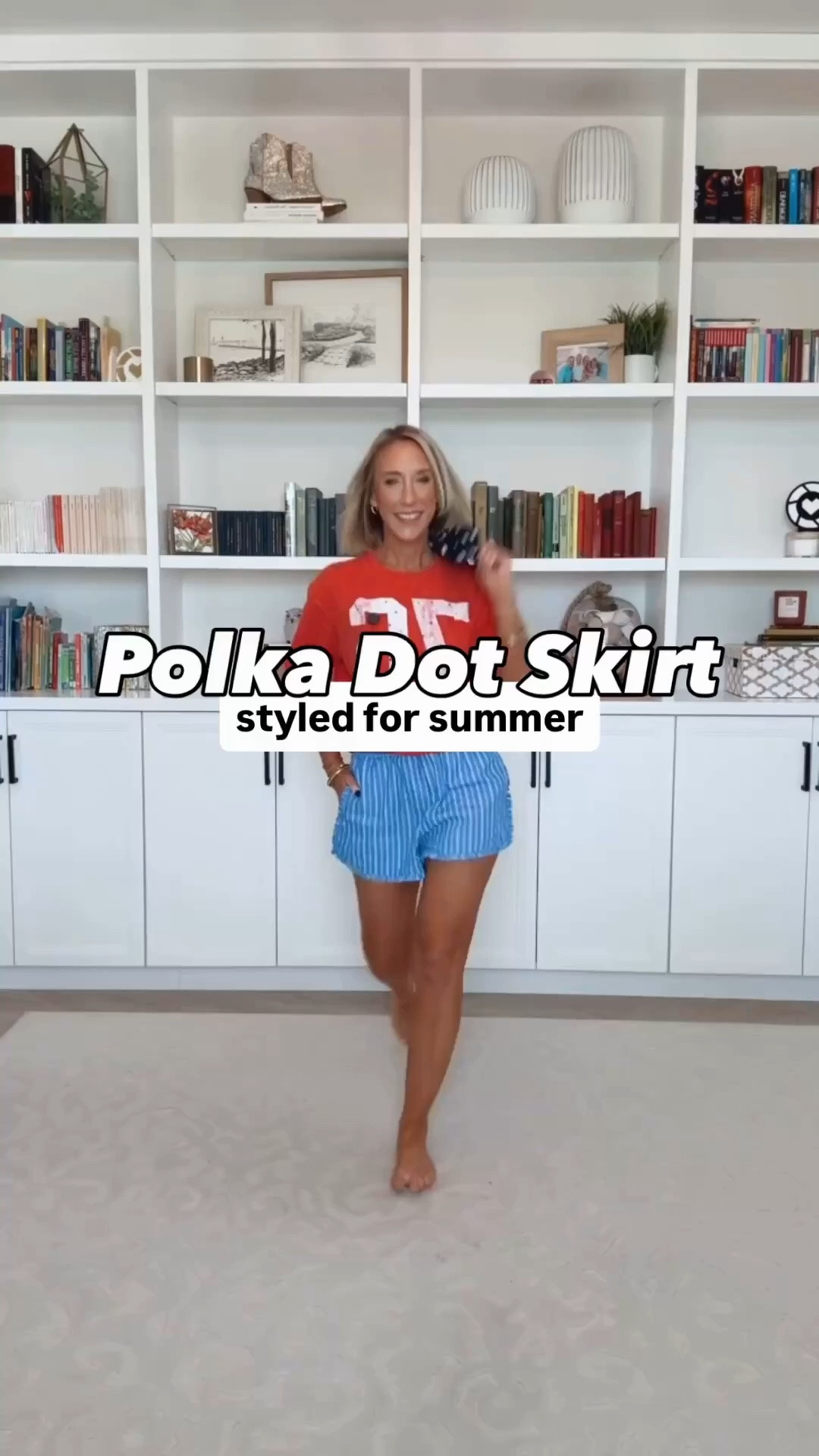 One polka skirt - styled 8 ways: • Midi skirt - size XS. Not lined but not see through. Elastic waistband and pockets! 1. White tank w/ built in bra - size XS. 2. Denim vest - size Small. 3. Crochet top - size Small. 4. Blue top - size Small. 5. Striped top - size XS. 6. White Button Down - size Small. 7. Yellow vest - size Small. 8. Navy top - size small.

#LTKootd #LTKSeasonal #LTKOver40