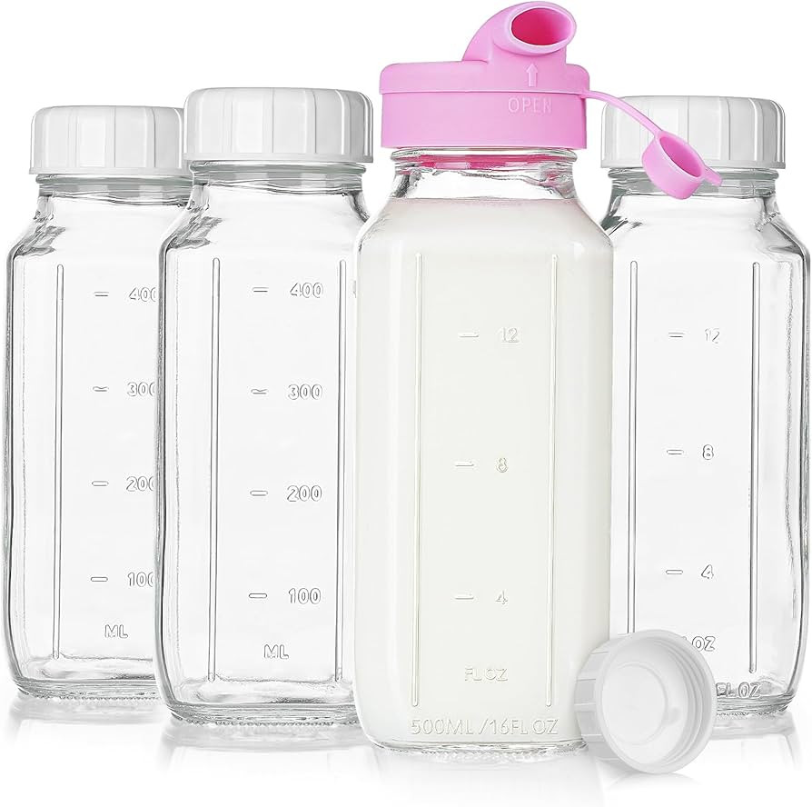 4 Pack 16 Oz Square Glass Milk Bottle with A Silicone Dispenser Cap, Glass Juice Bottles with Air... | Amazon (US)