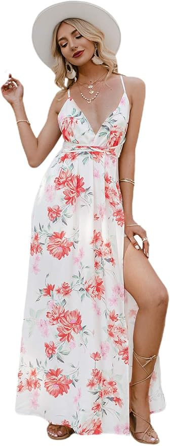Simplee Women's Deep V Neck Backless Spaghetti Strap Floral Casual Maxi Dress | Amazon (US)