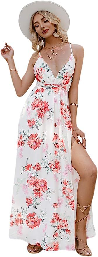 Simplee Women's Deep V Neck Backless Spaghetti Strap Floral Casual Maxi Dress | Amazon (US)