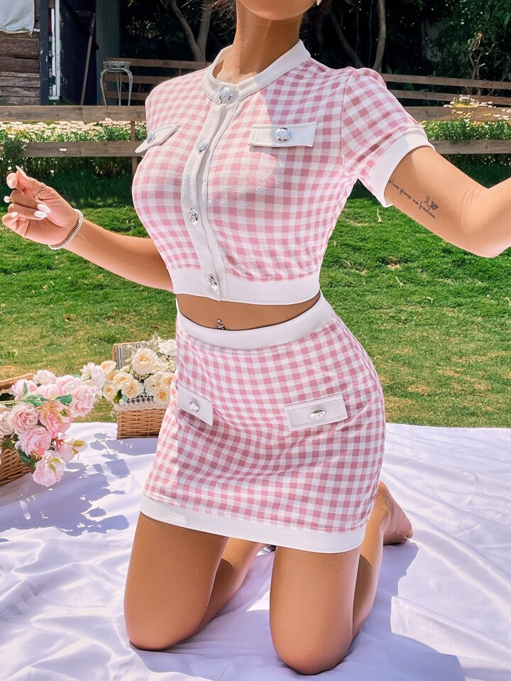 SHEIN Privé Gingham Flap Detail Crop Top & Bodycon Skirt | SHEIN