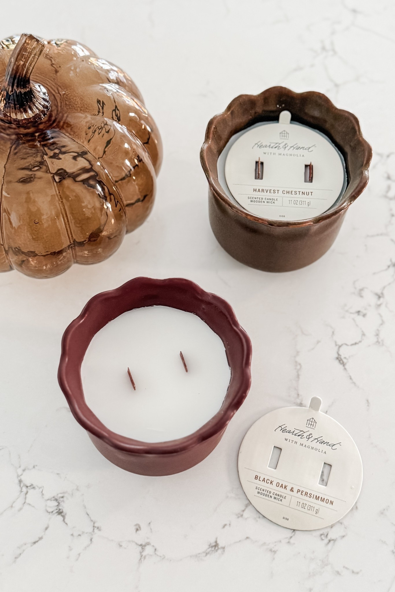 I am SO EXCITED to burn these wood wick [crackling] candles! These two scents (Harvest Chestnut and Black Oak & Persimmon) are my two favorites from the autumn Hearth & Hand collection. I’m going to have to stock up to burn them throughout the fall (and likely winter!) season(s).

Not only are the scents amazing, but the jars are very well made and will be lovely for repurposing! 🎃🍂 #LTKxTarget #TargetFinds

#LTKHome #LTKSeasonal