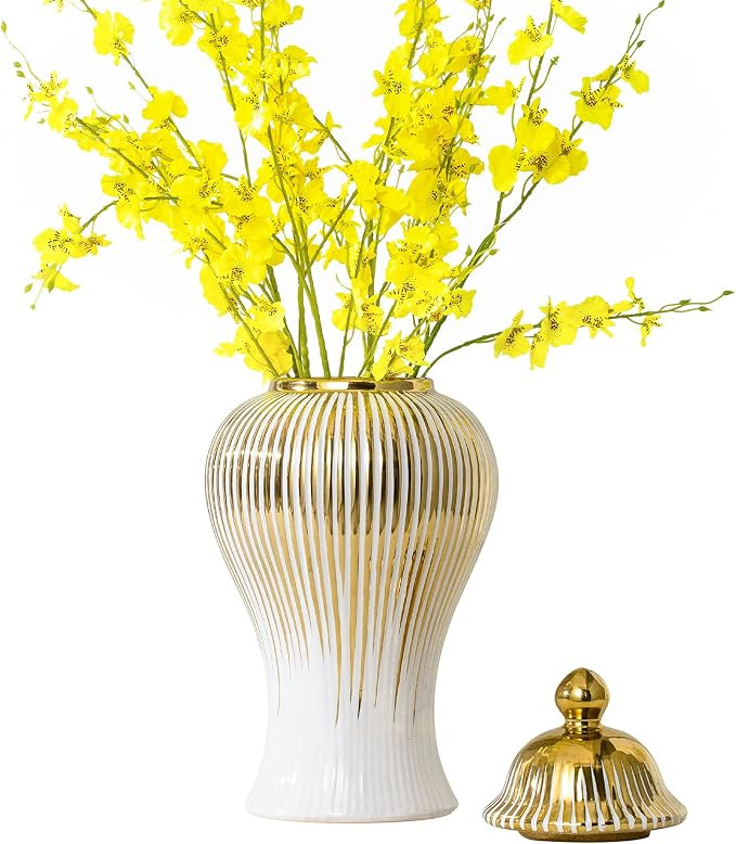Ginger Jar, White Gold Ceramic Large Vase for Decor Decor, Modern Handmade Decorative Flower Vase... | Amazon (US)