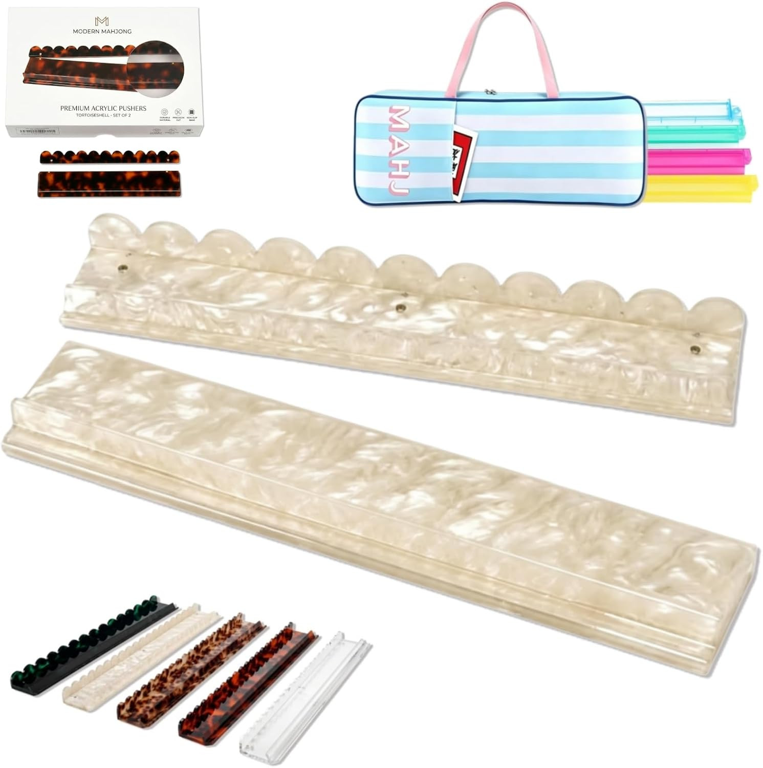 Scalloped Mahjong Racks with Magnetic Pushers, Multi-Size Universal Acrylic Tile Holders for American and Chinese Mahjong Set, Includes Storage Bag (Ivory Pearl,20",4 Pack) | Amazon (US)