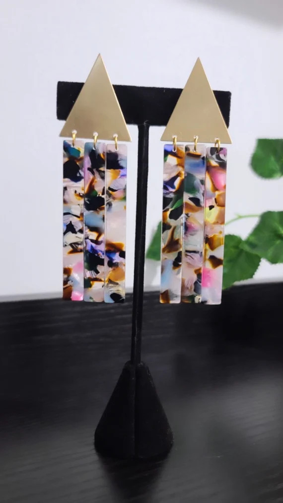 Multi Color Earrings Long Clip On Non Pierced Gold Colorful Rainbow Jewelry Dangling Acrylic Geom... | Etsy (US)