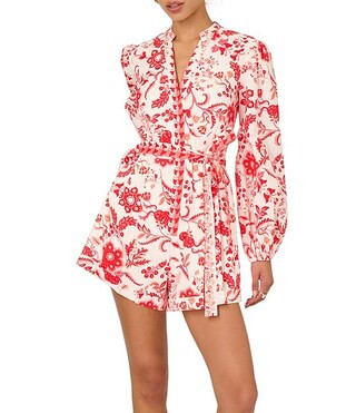 Adrianna by Adrianna Papell Cotton Floral Print V-Neck Long Sleeve Front Waist Tie Romper | Dilla... | Dillard's