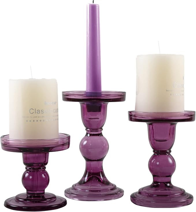GMWD Purple Glass Candle Holders Set of 3 for Pillar, Taper & Tealight - Vintage Table Centerpiec... | Amazon (US)