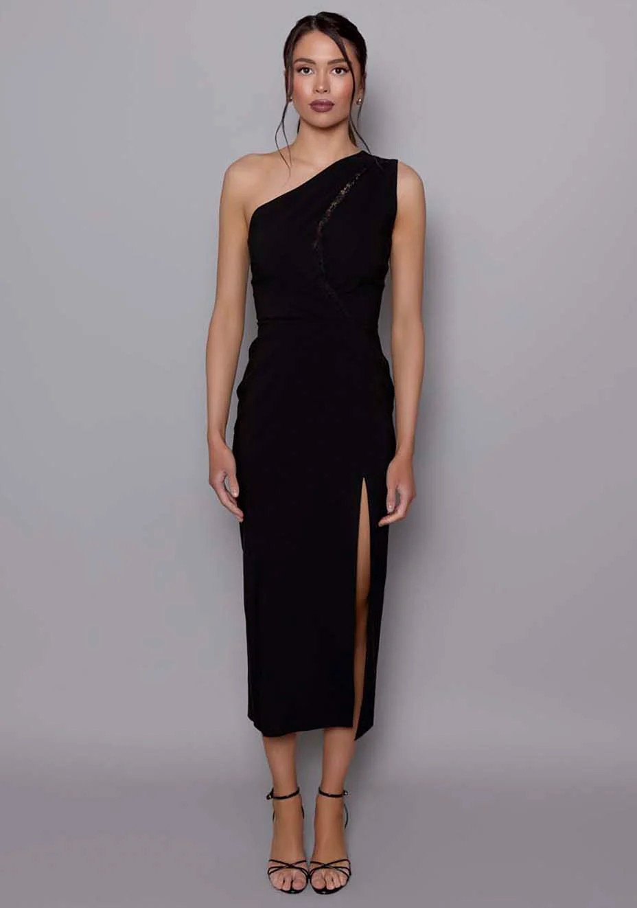 Madison | One Shoulder Lace Detail Black Midaxi Dress | VSPR UK