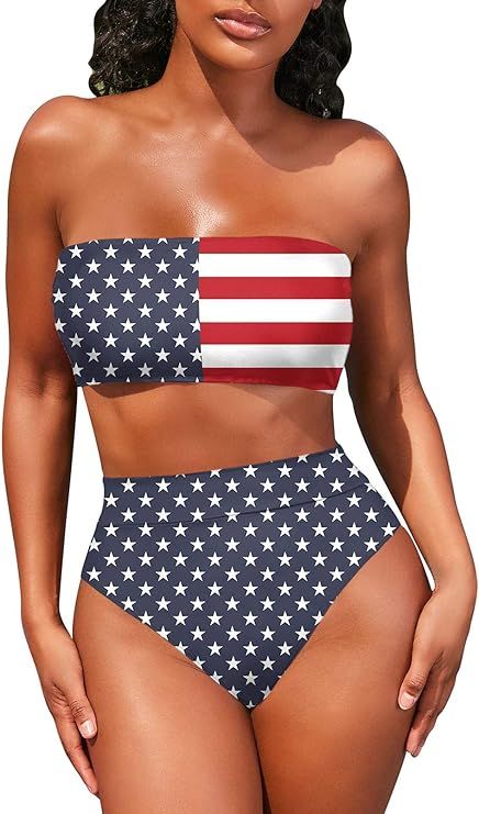 Viottiset Women's Bandeau Thong High Waisted Bikini 2 Piece Swimsuit Removable Strap | Amazon (US)