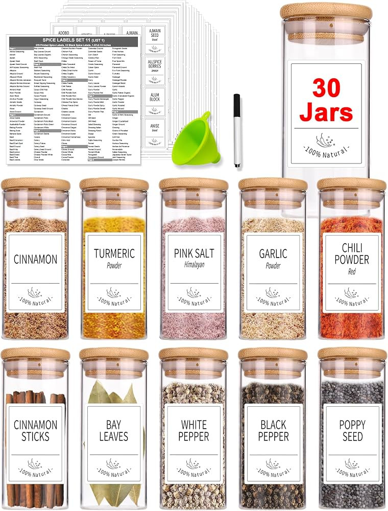 Churboro 30 Empty Glass Spice Jars with Labels, 4 oz, Bamboo Lids | Amazon (US)