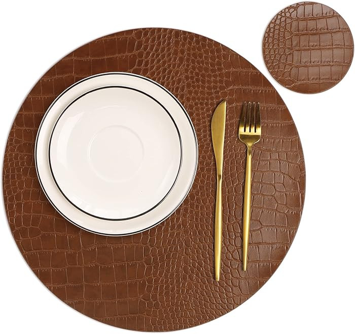 Round Leather Placemats for Round Tables Set of 4, Brown Table Place Mats and Coasters, Washable ... | Amazon (US)