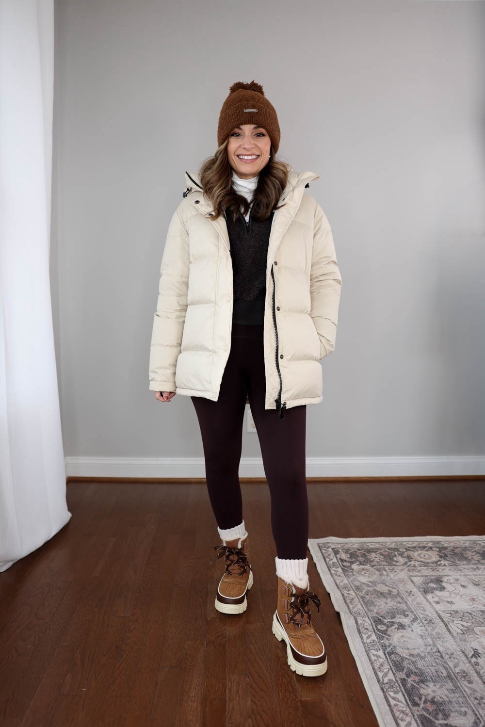 Winter Boots Series: how I’m wearing snow boots this season! 

Coat (Quince): xs in oatmilk 
Turtleneck (Quince): xs 
Fleece Sweatshirt (Athleta): xxs 
Leggings (Spanx): xs (also linking a thick/warm pair from Athleta) 
Socks (Amazon): (mine are cream, they came in a pack with a black pair) 
Boots (Sorel): tts with room to wear thick socks. Walkable and comfortable, waterproof and warm. 

(Snow outfits, winter outfits, snow boots, leggings, petite fashion) 

#LTKActive #LTKPetite