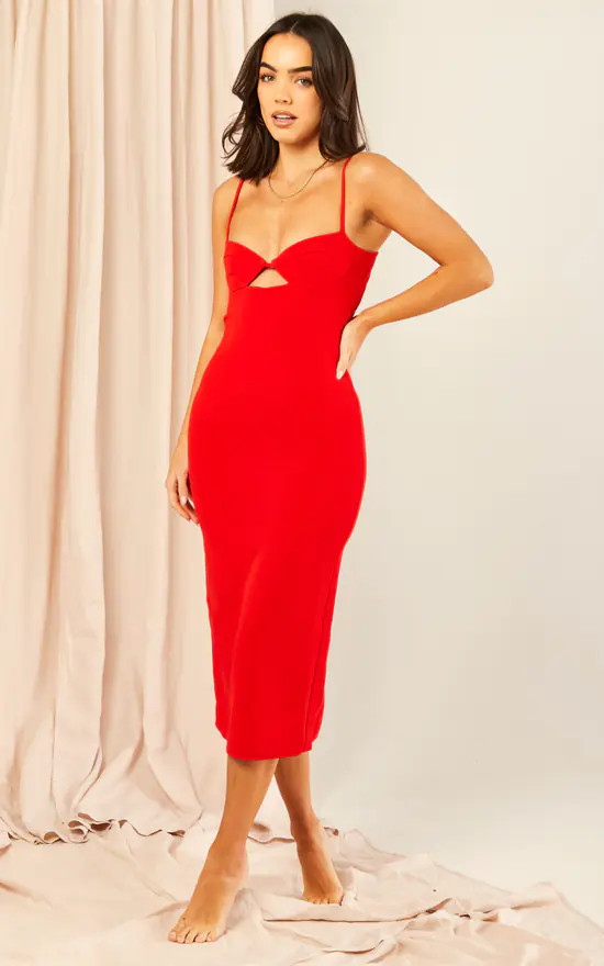 Cut Out Midi Dress In Red | SilkFred