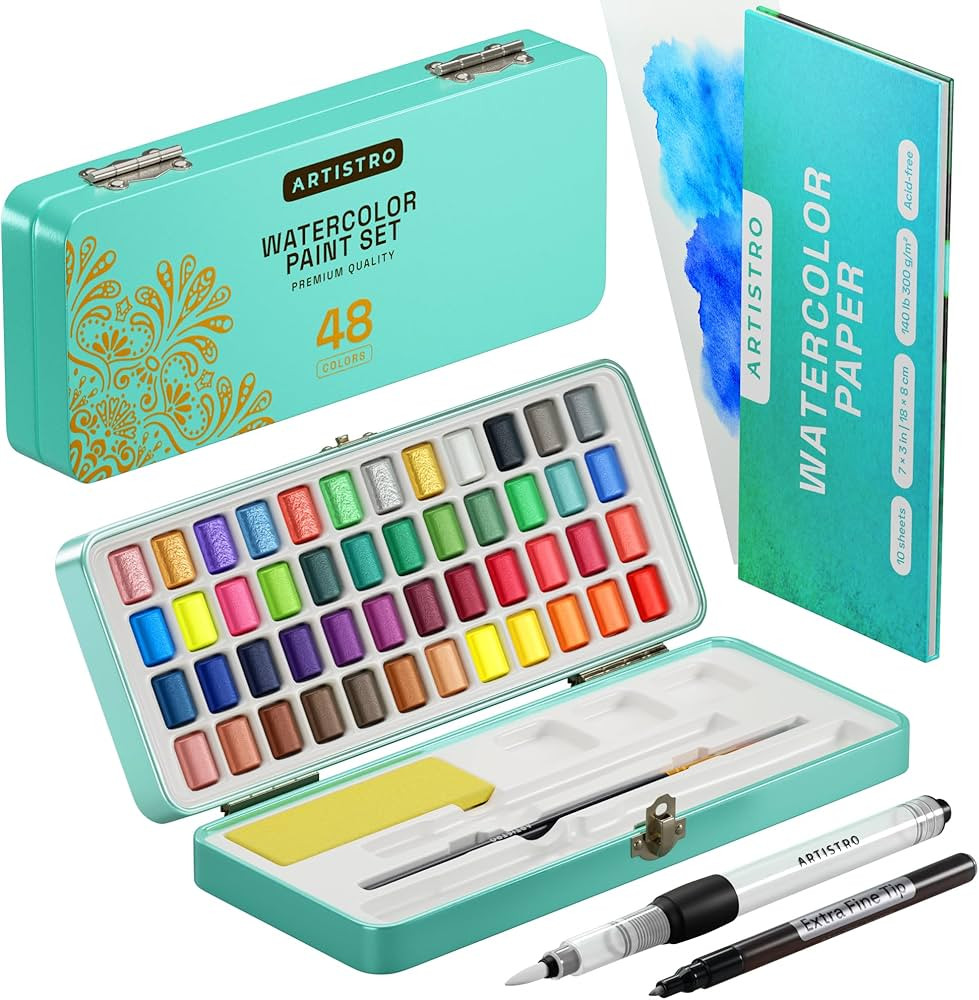 ARTISTRO Watercolor Paint Set, 48 Vivid Colors in Portable Box, Palette set, Including Metallic a... | Amazon (US)