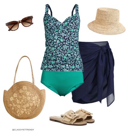 Beach and Pool Mix and Match - bikini top and bottom, tankini and sarong.  With straw bucket hat, raffia tote and raffia slide sandals.

#LTKSaleAlert #LTKSwim