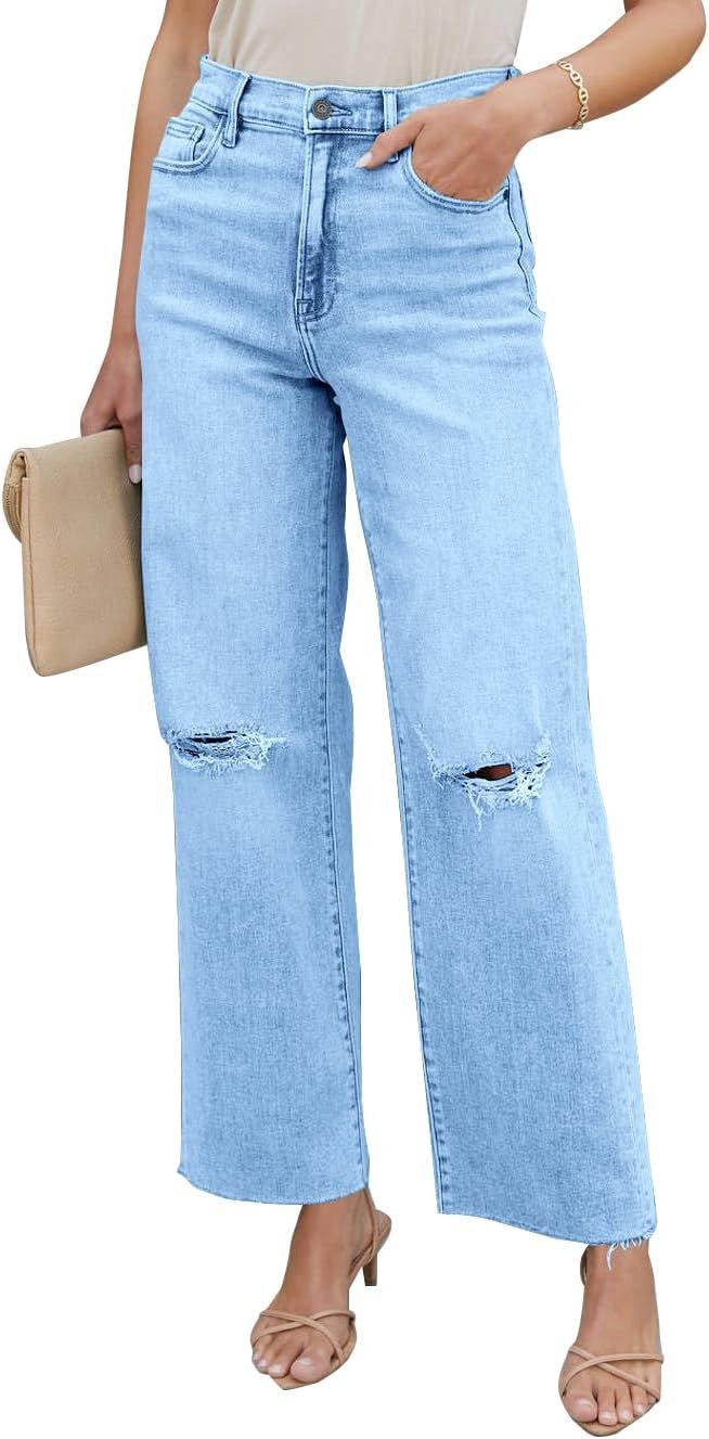 PLNOTME Women's High Waisted Boyfriend Ripped Jeans Baggy Distressed Straight Leg Denim Pants | Amazon (US)