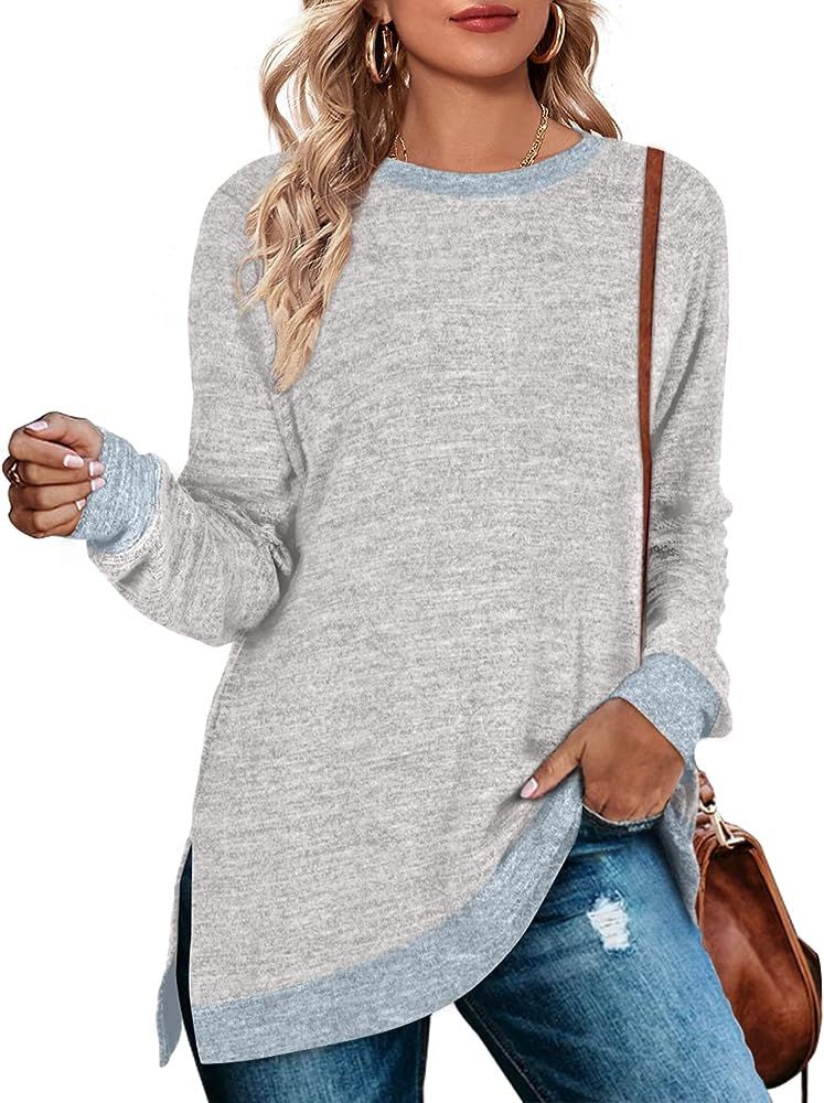 WEESO Women's Long Sleeve Sweatshirts Color Block Crewneck Sweaters Tunic Tops | Amazon (US)