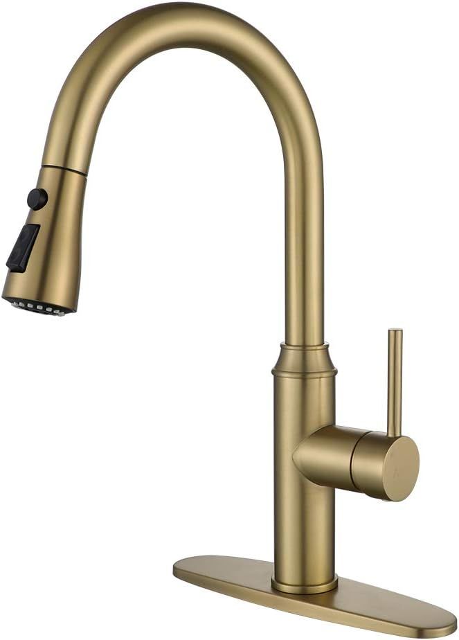Gold Kitchen Faucet with Sprayer,Single Handle Kitchen Sink Faucet with Pull Out Sprayer, Champag... | Amazon (US)