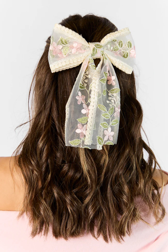 Pink Floral Embroidered Bow | Pink Lily