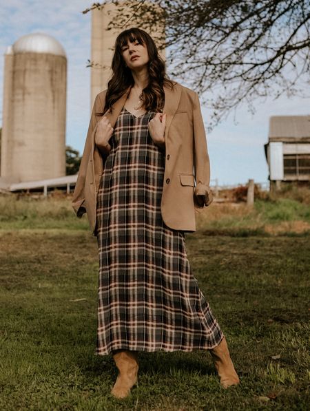 Plaid slip dress styled with oversized blazer and OTK suede boots. #jennikayne #fredasalvador #everlane