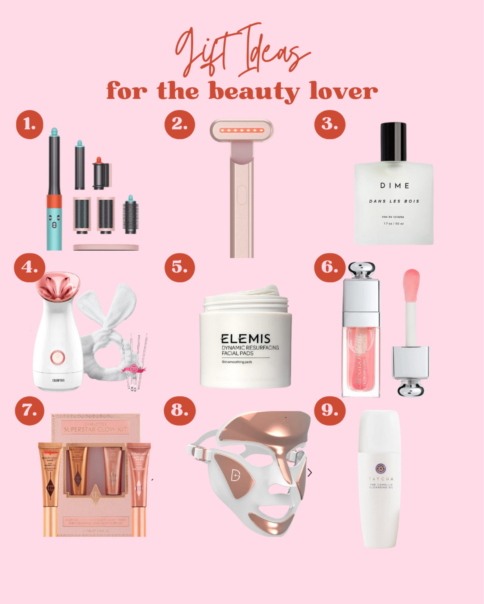 Gift guide for the beauty lover, Dyson, red light, perfume, facial steamer, exfoliating pads, lip oil, Charlotte tilbury, skincare mask, tatcha, luxury beauty, sephora 

#LTKSeasonal #LTKHoliday #LTKGiftGuide