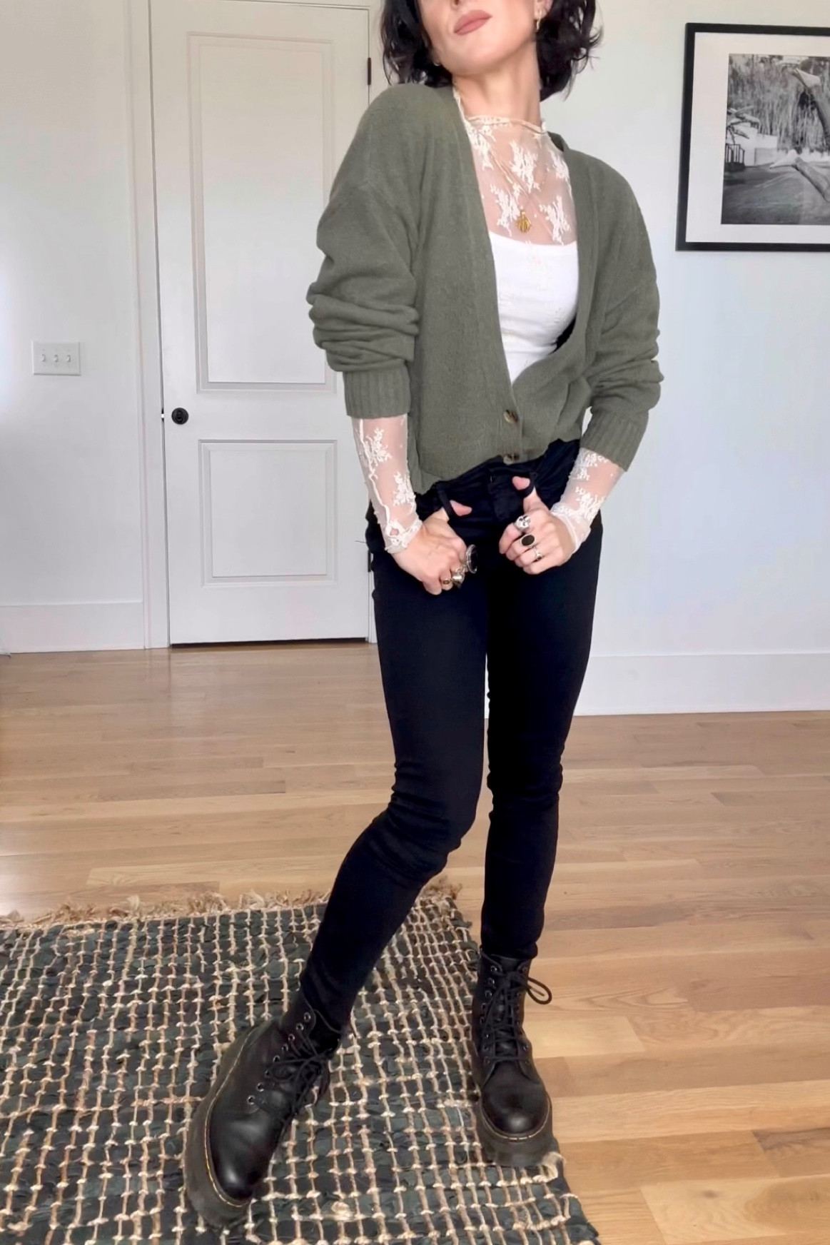 Fall outfit - Fall style - Fall Fashion - ootd - outfit inspo - style inspo - rock and roll style - knit sweater - knit cardigan - basic jeans - black jeans - printed pants - lace layering top - leather and lace - combat boots - dr martens - leather boots - fall boots 

#LTKfindsunder50 #LTKSeasonal #LTKstyletip