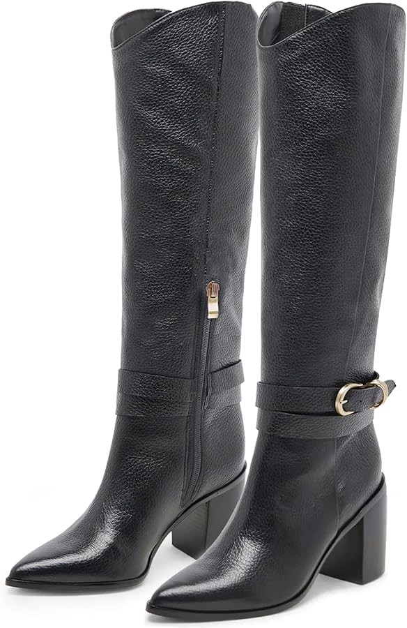 WIRALOMI Knee High Boots for Women Pointed Toe Chunky Heel Boots Metal Buckle Boots with Side Zip... | Amazon (US)