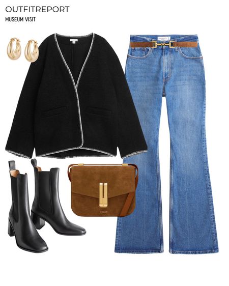 Cardigan outfit blue denim flare jeans outfit black Chelsea booties boots demellier handbag belt and jewellery earrings 

#LTKshoecrush #LTKstyletip #LTKitbag