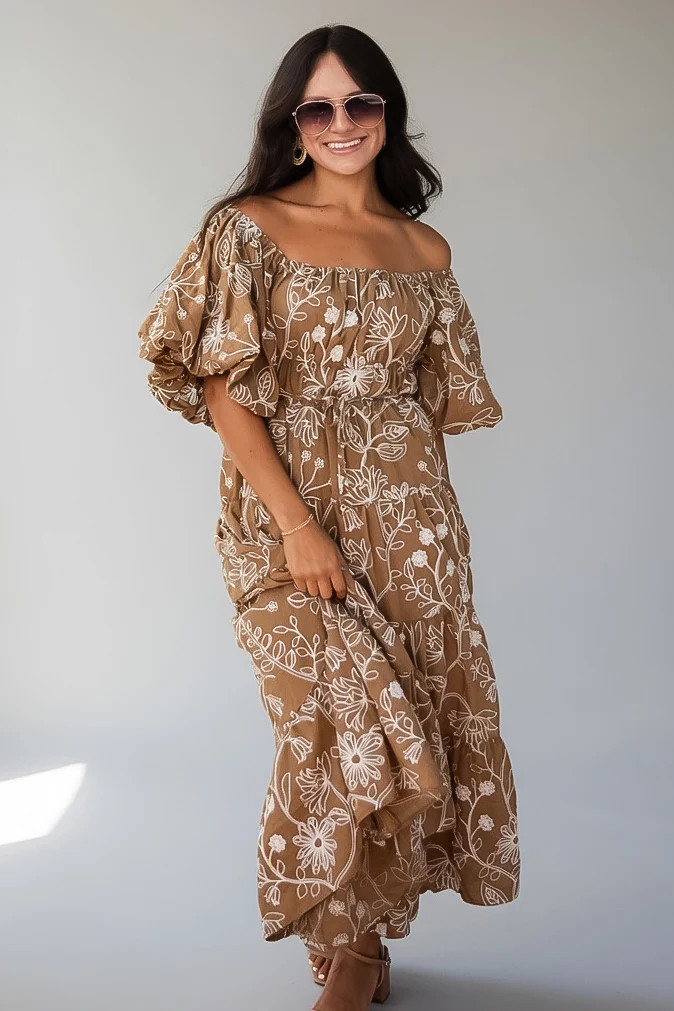 Autumn Meadow Taupe Floral Puff Sleeve Midi Dress | Dress Up
