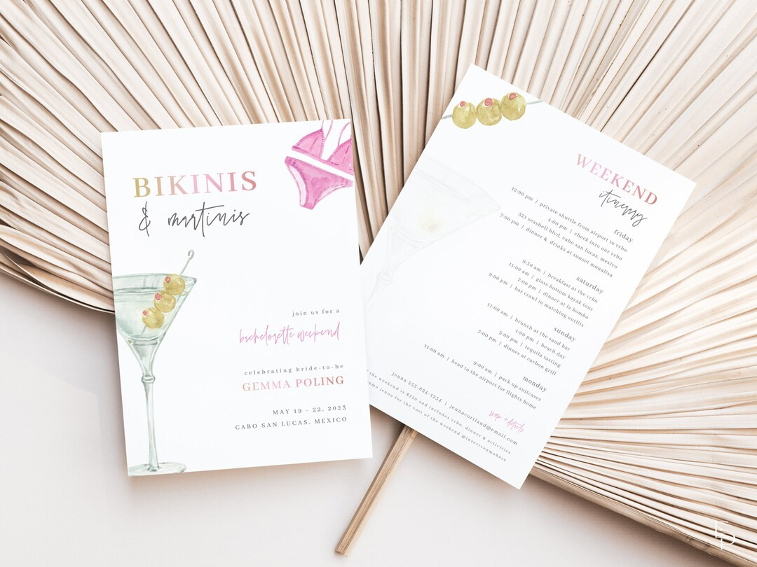 Bikinis and Martinis Bachelorette Weekend Invite and Itinerary Template | MYHA Collection | Etsy (US)