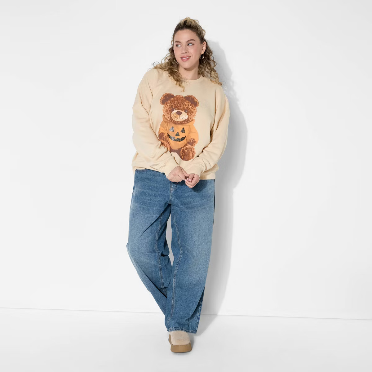 Women's Teddy Bear Pumpkin Graphic Sweatshirt - Beige | Target