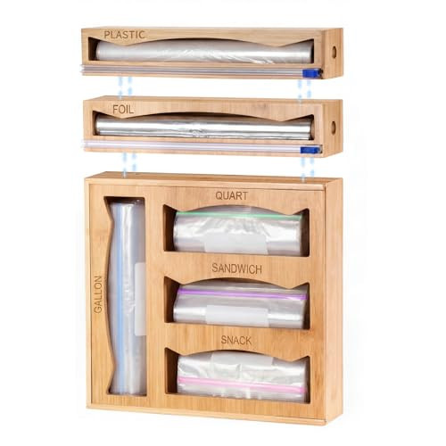 6 in 1 Storage Bag Organizer Kitchen Drawer, Bamboo Foil and Plastic Wrap Dispenser with Slider Cutter, Kitchen Bag Organizer for Quart, Gallon, Sandwich and Snack Bags | Amazon (US)