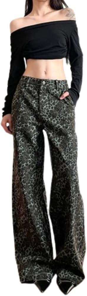 Pokn Leopard Print Cargo Pants for Women Wide-Leg Washed Cargo Pants for Women High Waisted Jean | Amazon (US)