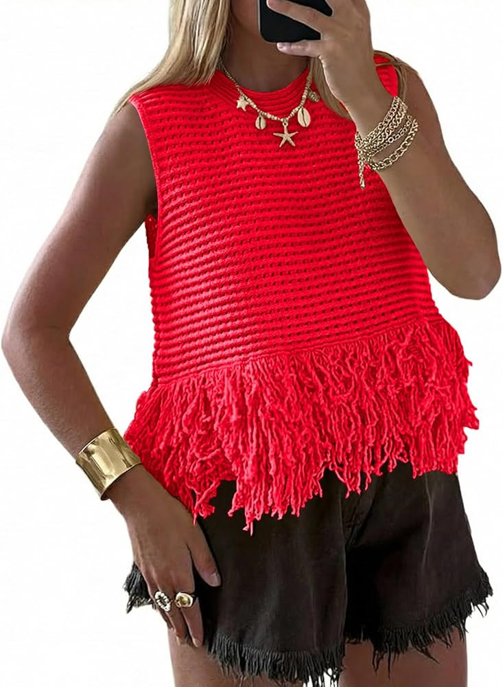 Saodimallsu Womens Crochet Crop Tank Tops Sleeveless Fringe Crew Neck Trendy Boho Knit Summer Swe... | Amazon (US)