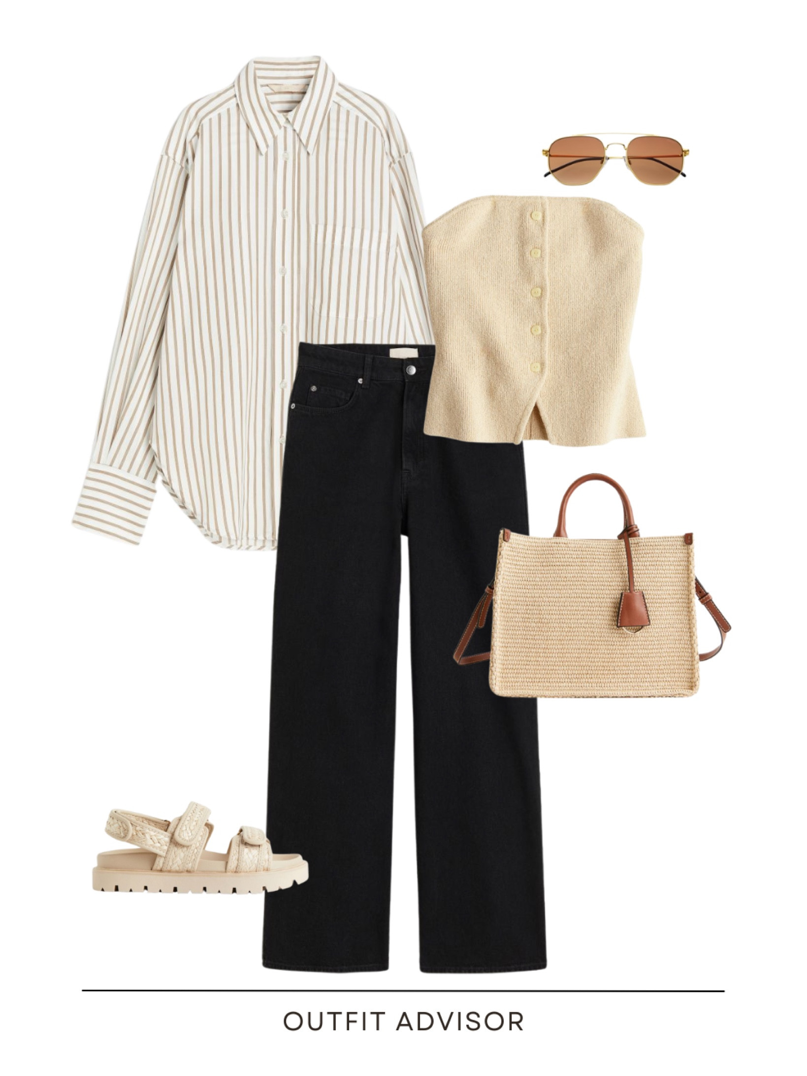 Spring/summer outfits inspo: a striped button down shirt, black jeans, knit waist coat, beige sandals, sunglasses and a bag

#LTKstyletip #LTKshoecrush #LTKSeasonal