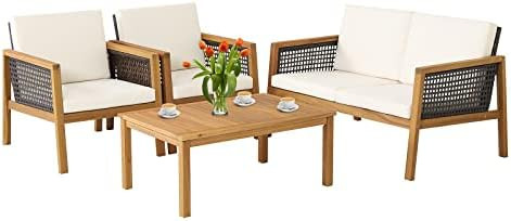 4 Pieces Outdoor Acacia Wood Furniture Set, PE Wicker Conversation Set with Coffee Table and Soft... | Amazon (US)