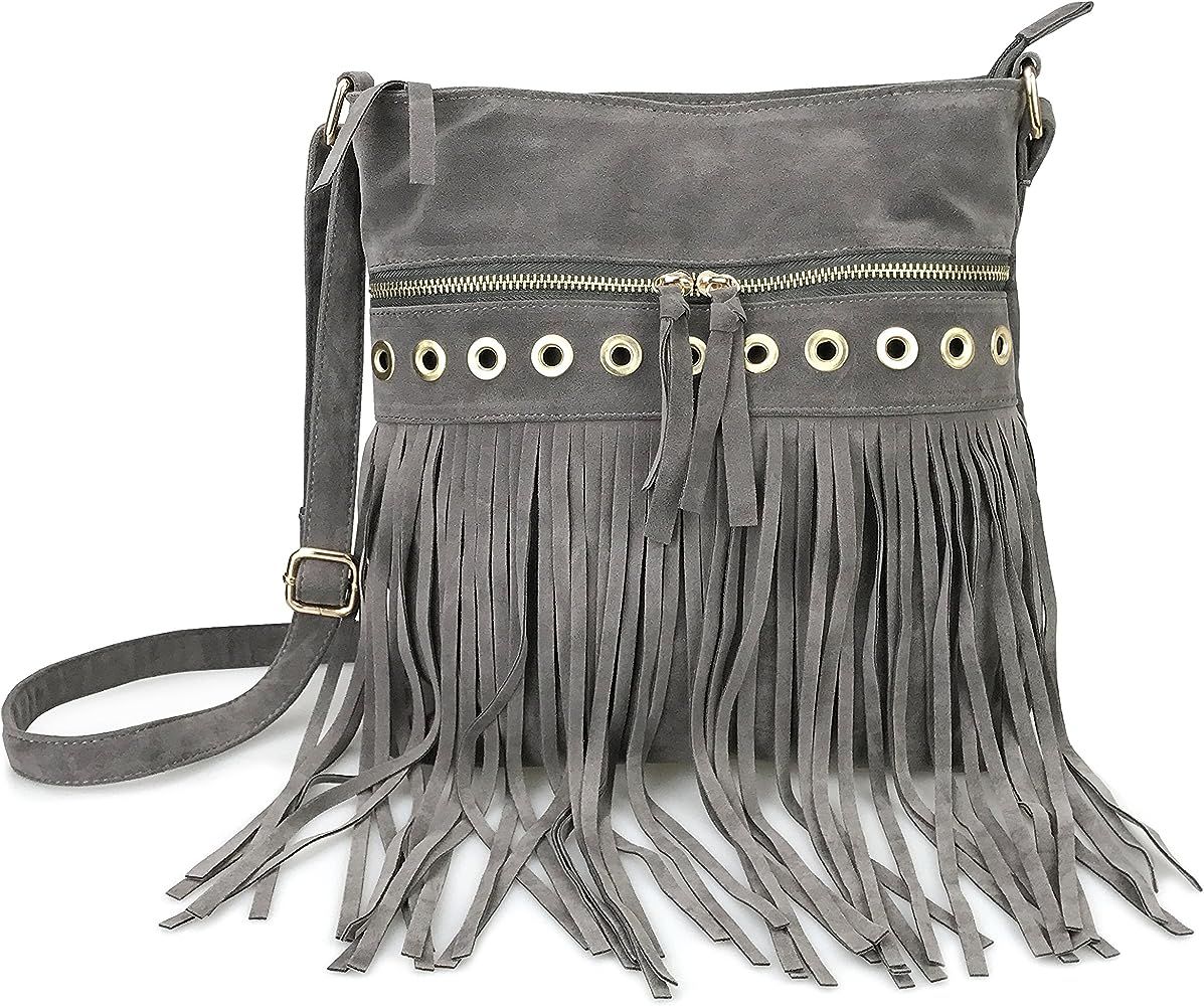Hoxis Studded Tassel Zipper Faux Suede Leather Cross Body Bag Womens Purse | Amazon (US)