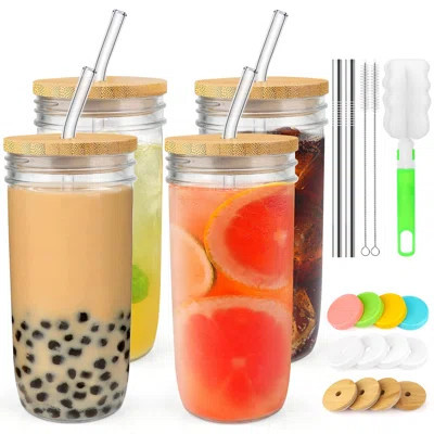 Glass Cups Set,24Oz Mason Jar With Bamboo Lids And Glass Straw & 12 Airtight Lids, Brush - Glass Drinking Cups, Reusable Travel Tumbler Bottle For Ice | Wayfair North America