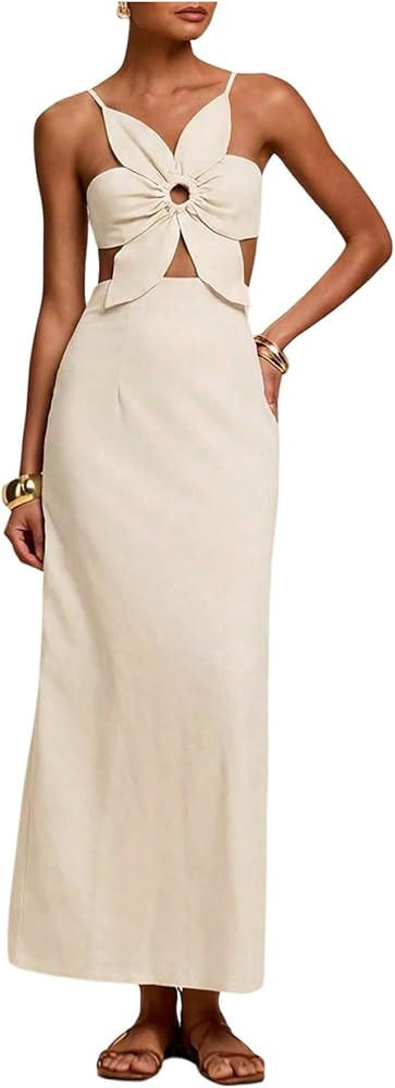 SHENHE Women's Petal Backless Linen Maxi Dress Cut Out Vacation Zipper Long Dresses | Amazon (US)