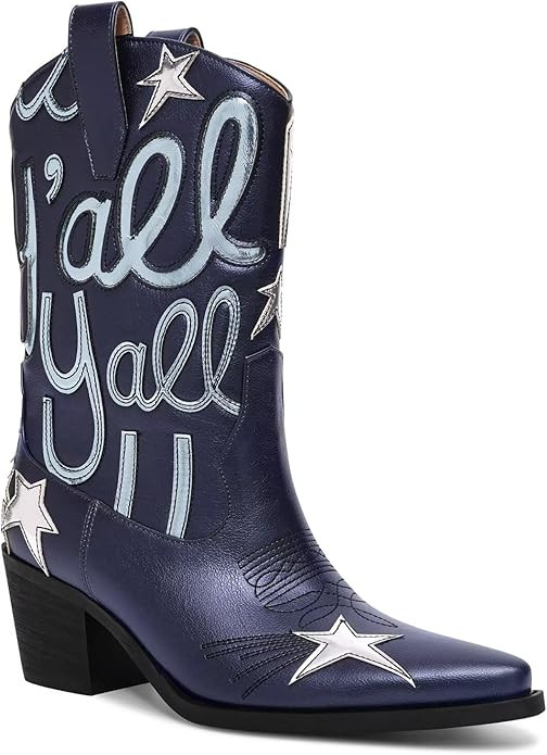 Women's Cowboy Boots Mid Calf Pointed Toe Low Chunky Heel Embroidery Metallic Pull On Western Fes... | Amazon (US)