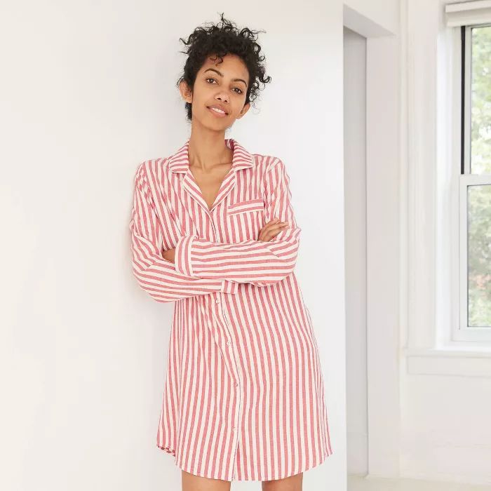 Women's Striped Perfectly Cozy Flannel Long Sleeve Notch Collar Nightgown - Stars Above™ Red | Target