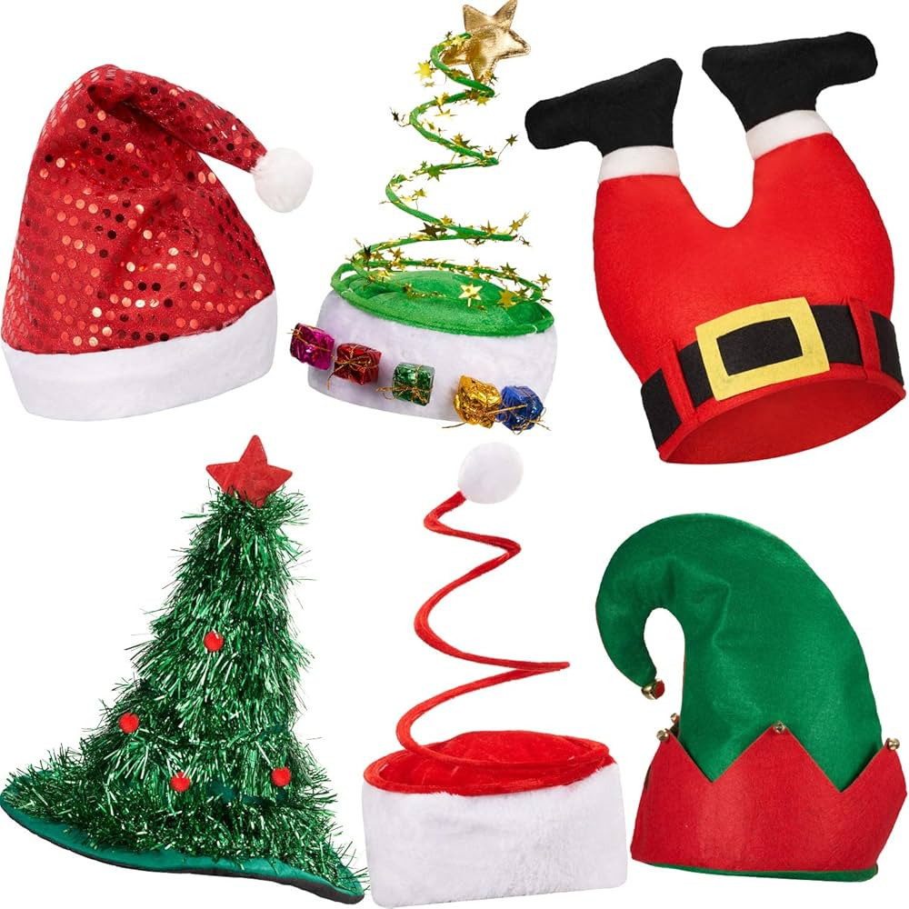 Syhood 6 Pieces Christmas Hats Santa Xmas Hat Christmas Tree Hat Cap Elf Hat Coil Santa Hat for A... | Amazon (US)