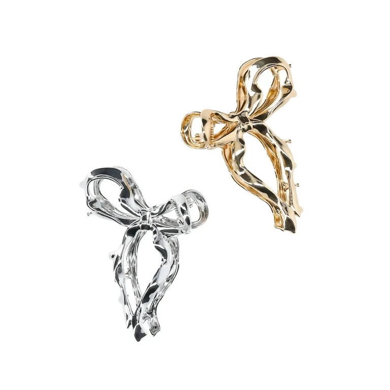 No Boundaries 2 PacK Metal Bow Claw Clip, Gold/Rhodium | Walmart (US)