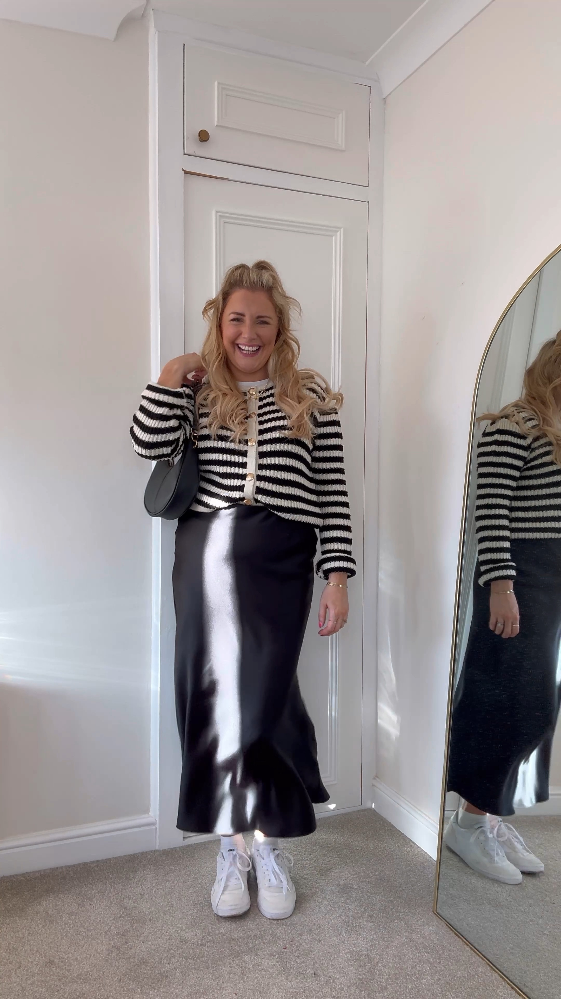 New look, Vans, Schuh, transitional outfit, transitional style, winter outfit, winter fashion, satin skirt, black maxi skirt, textured cardigan, striped cardigan, shoulder bag, white Vans, Vans trainers, black and white outfit, monochrome outfit, outfit ideas, style inspiration 

#LTKSeasonal #LTKstyletip #LTKeurope